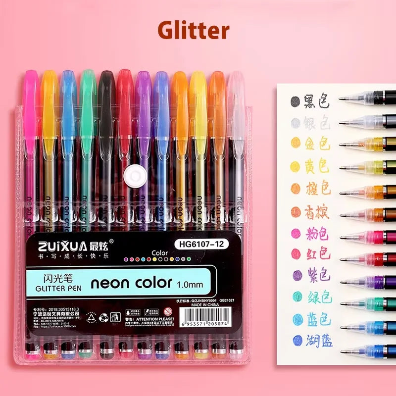 12/24Pcs Metallic Glitter Colors Gel Pens For School Office Adult Coloring Book Journals Drawing Art Markers Promotion Pen Oasis Select 12pcs Glitter Pen