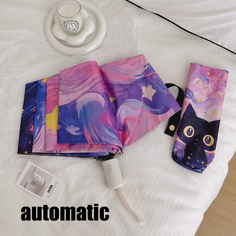 Blue Green Purple Powder Cat Cartoon Fold Umbrella Fully Automatic Umbrella Women's Dual-Purpose Sun Umbrella Portable Umbrella Oasis Select 4 automatic 8K