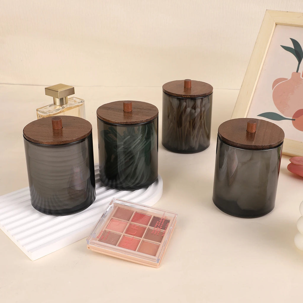 4 Piece/Set Cotton Swab Holder, Black Cups with Walnut Stained Wood Lids Pill Jar Containers, Cotton Swabs, Dental Floss Oasis Select