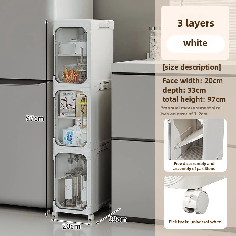 Household bathroom narrow seam storage cabinet, multifunctional foldable with wheels, dust-proof and crevice storage cabinet Oasis Select 3 layers -white