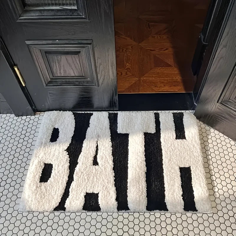 1pc "BATH" Design Non-Slip Bath Mat, Ultra Absorbent Polyester Bathroom Rug, Black and White Textured Entryway Carpet Oasis Select WHITE 400MMx600MM