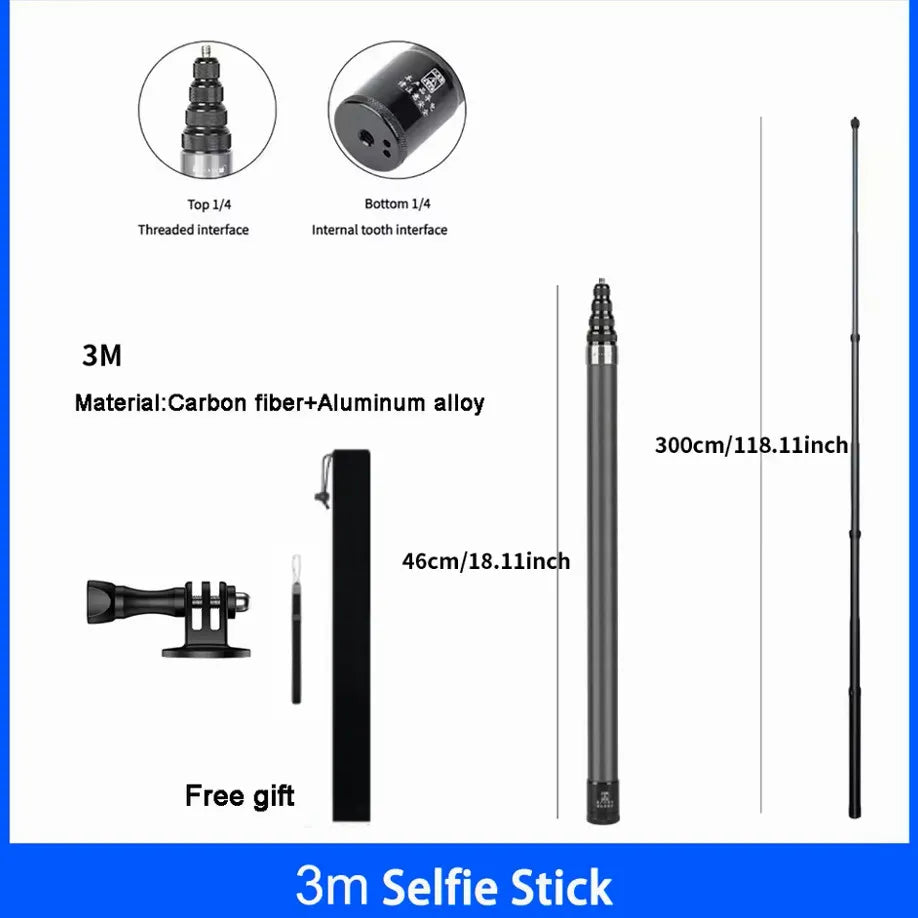 Carbon Fiber Invisible Selfie Stick 1.5–3m | Insta360 X4 X5 X3