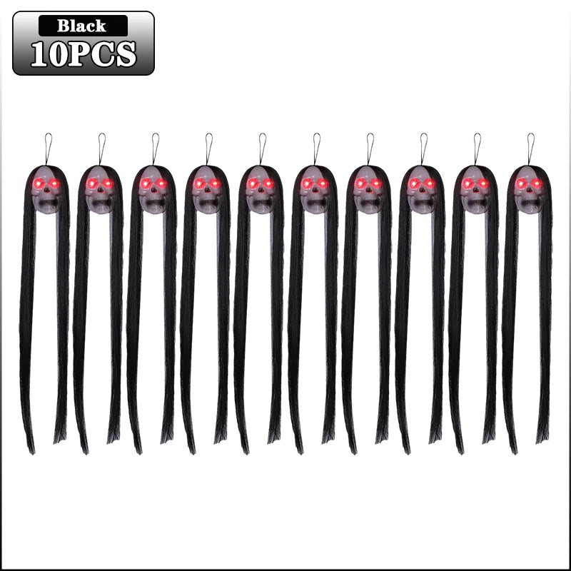 Halloween Hanging Ghost Skull with Long Hair Glowing Eyes Terror Skull Ghost House Head Skeleton Props 2024 Halloween Decoration Oasis Select 10PCS