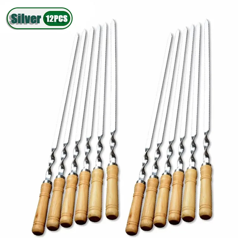 6-24PCS 55cm BBQ Fork BBQ Skewers Long Handle Kebab Barbecue Grill Sticks Reusable Stainless Steel Outdoor Camping Grill Needle Oasis Select Silver-12PCS