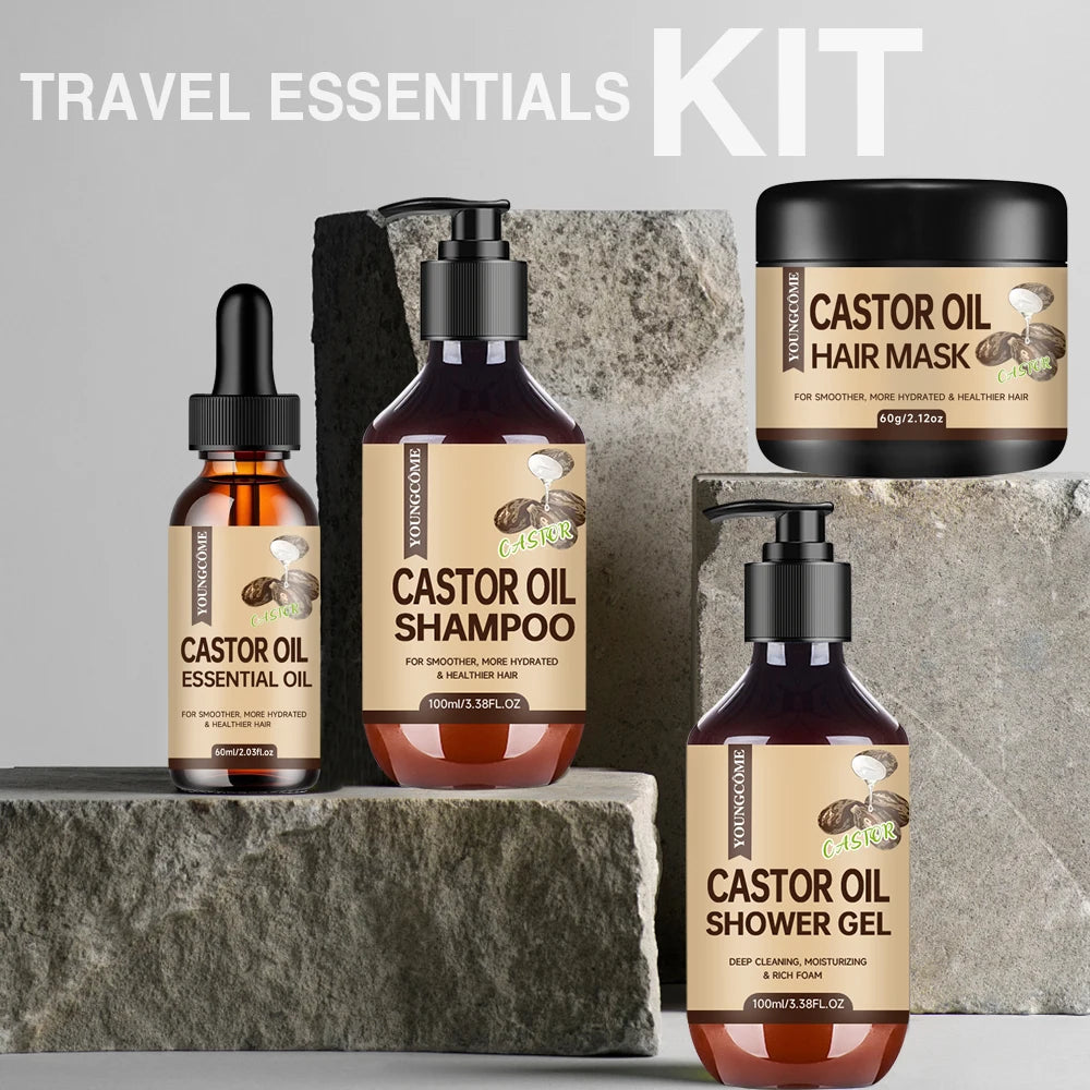 Castor Oil Hair Care Set – Shampoo, Oil, Mask & Shower Gel | 4-Pc Hair Care Set Oasis Select Smoothing & Straightening