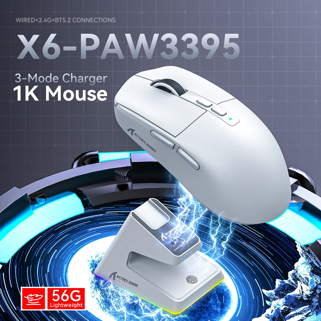 ATTACK SHARK X6 Magnetic Fast Charging Gaming Mouse wireless 56g-PAW3395 26K DPI, Tri-Mode BT5.2/2.4G/Wired，200H Battery, RGB Oasis Select