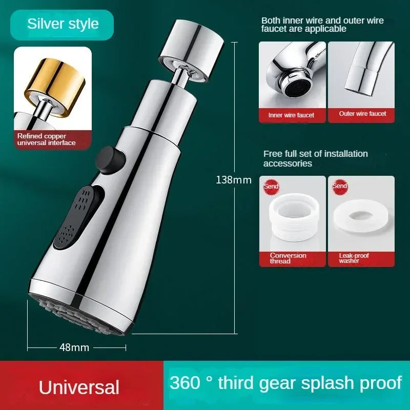 Faucet Extender Metal Alloy 360 Rotation Sprayer Kitchen Taps Three Modes Head Water Saver Anti-Splash Tap Booster Shower Faucet Oasis Select Silver