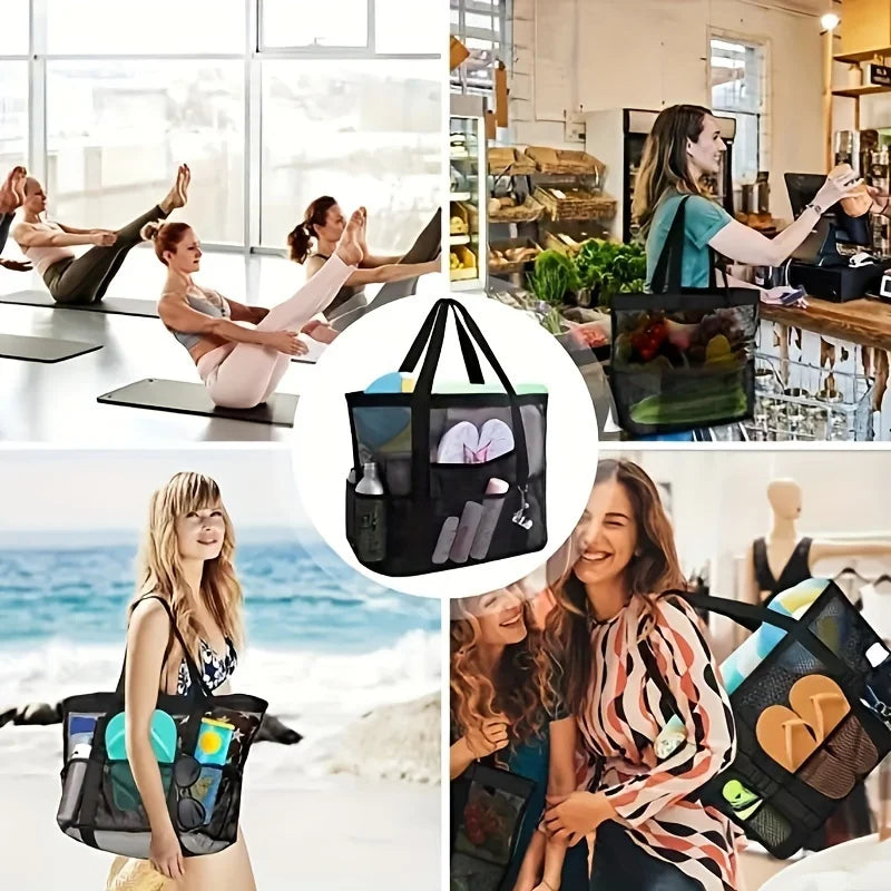 Mesh Beach Bag, Single Shoulder Handheld Mesh Shower Fitness Swimming Bath Bag Grid Beach Tote Bag, Large Capacity Storage Bag Oasis Select