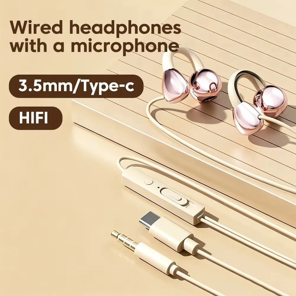 Ear Clip Type Wired Headphones 3.5mm/Type-C HiFi Ear Clip Headphones Wire Control Stereo Earbuds Not In Ear Headphones Oasis Select
