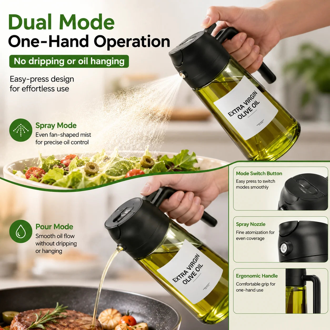 2-in-1 16oz 470ml Brown Glass Oil Sprayer Leakproof Eco-Friendly Olive OilDispenser Perfect for Cooking BBQ Grill Air Fryer Oasis Select