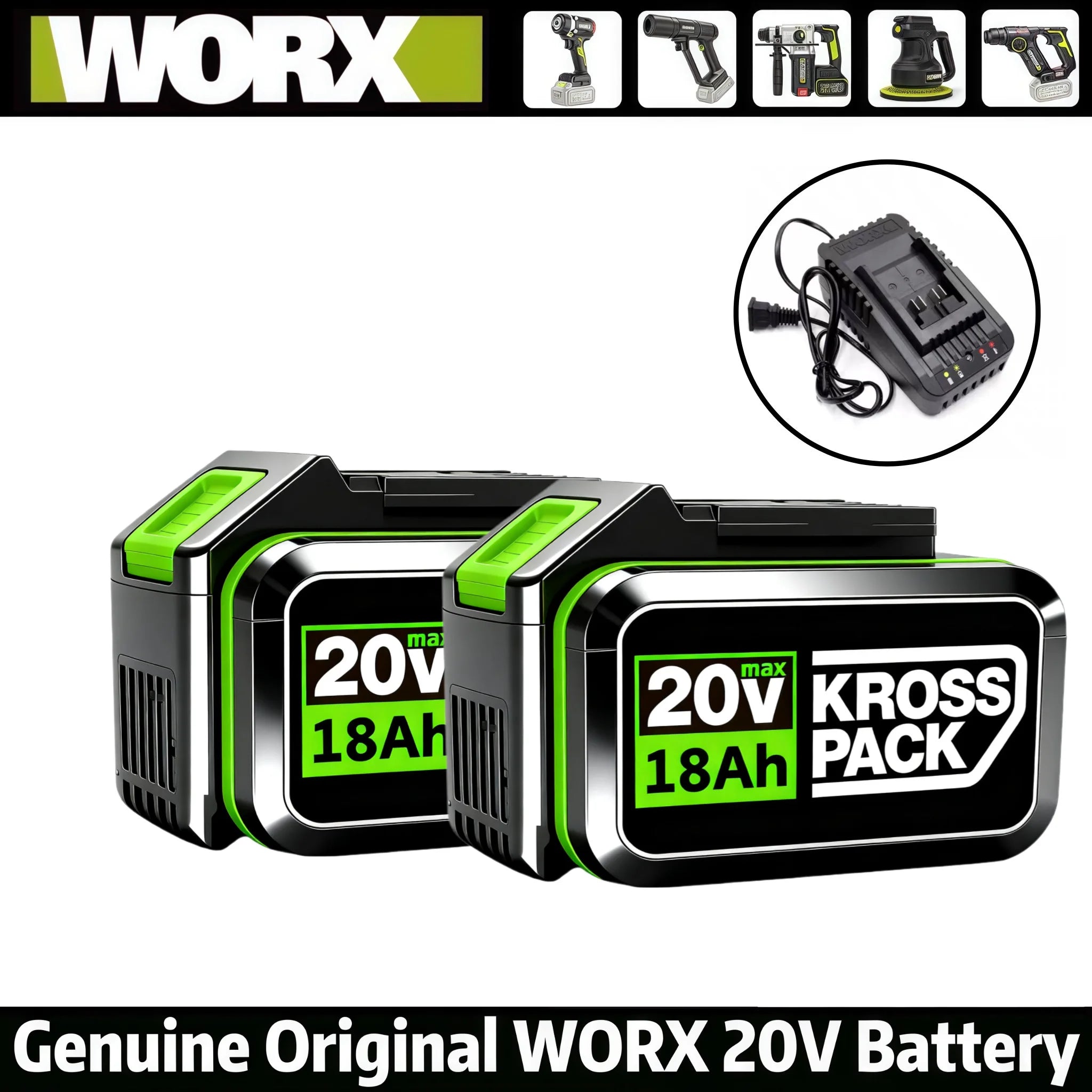 New High-capacity 20V Worx 18000mAh Replacement Lithium-ion Battery，For WA3551 WA3551.1 WA3553 WA3641Rechargeable Tool Battery Oasis Select 2PCS-18Ah-Charger