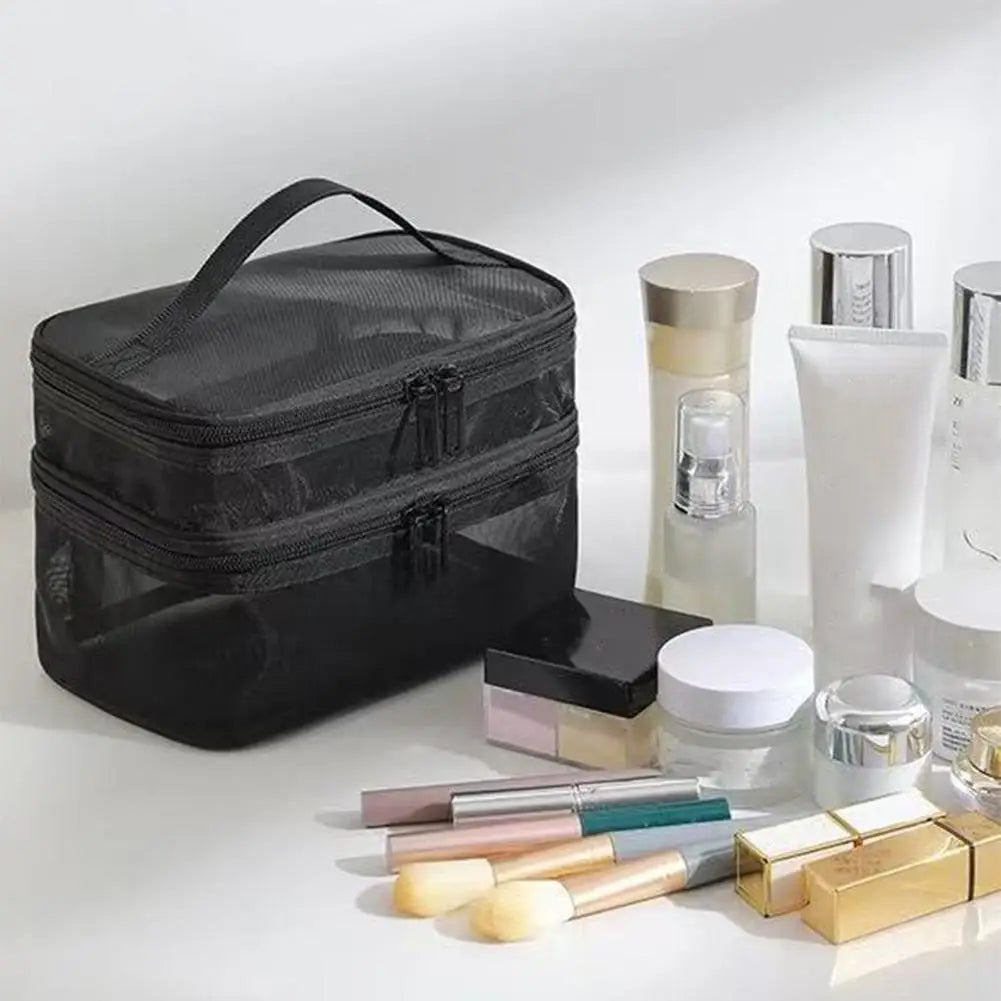 Handheld Mesh Storage Bag Large Capacity Double-Layer Portable Toiletry Bag Travel Cosmetic Organizer Bag Oasis Select
