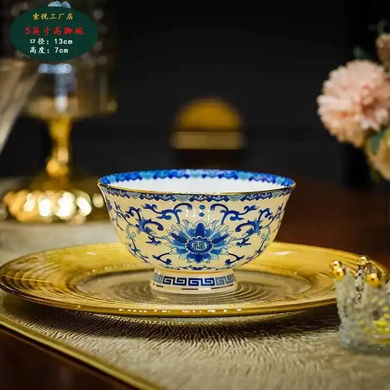 Bone Dining Bowl Enamel Colored Chinese Footed Rice Noodles Soup