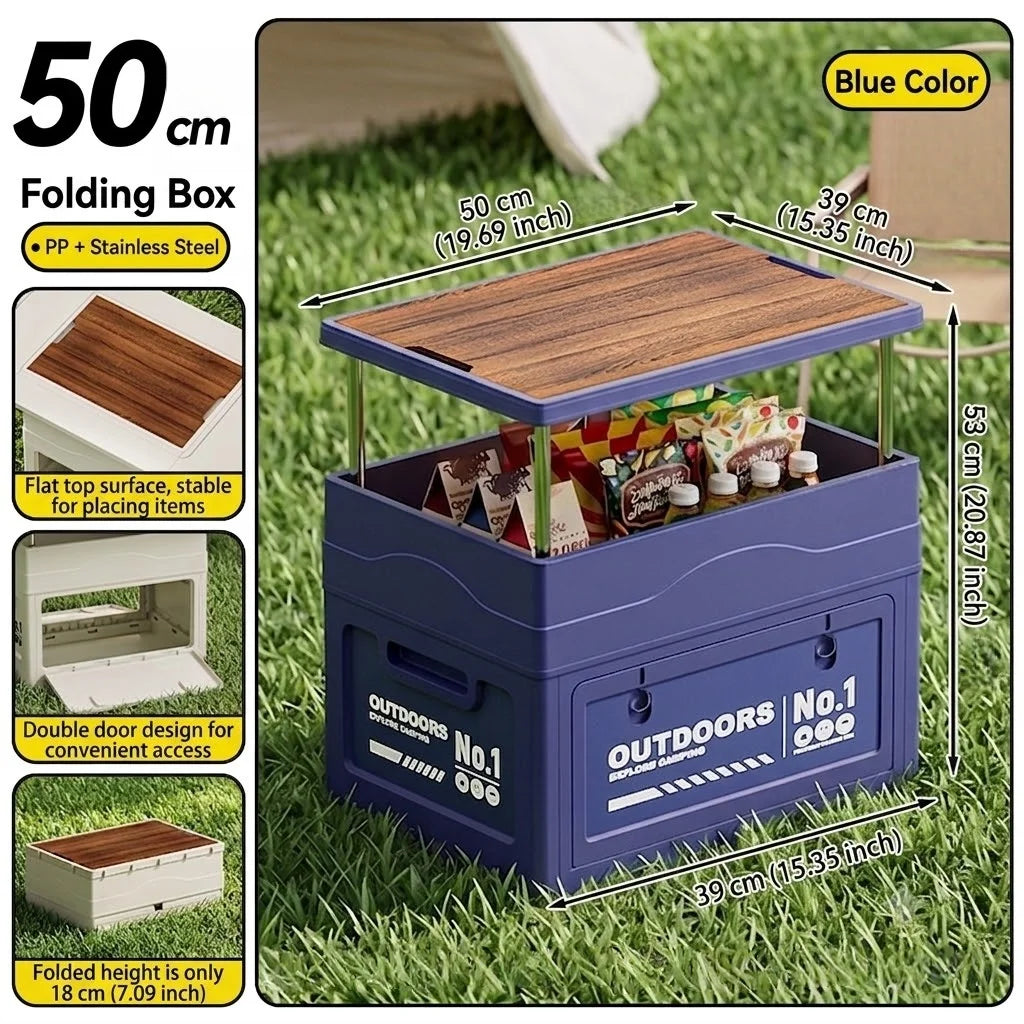 Large-capacity wooden cover foldable storage box for outdoor camping storage box table integrated vehicle camping trunk Oasis Select blue