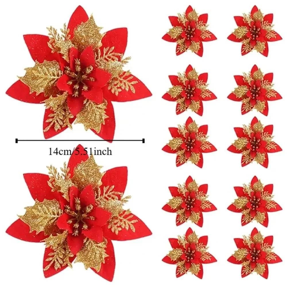 10-Pack Glitter Christmas Flower Ornaments 14cm | Pink Gold Red