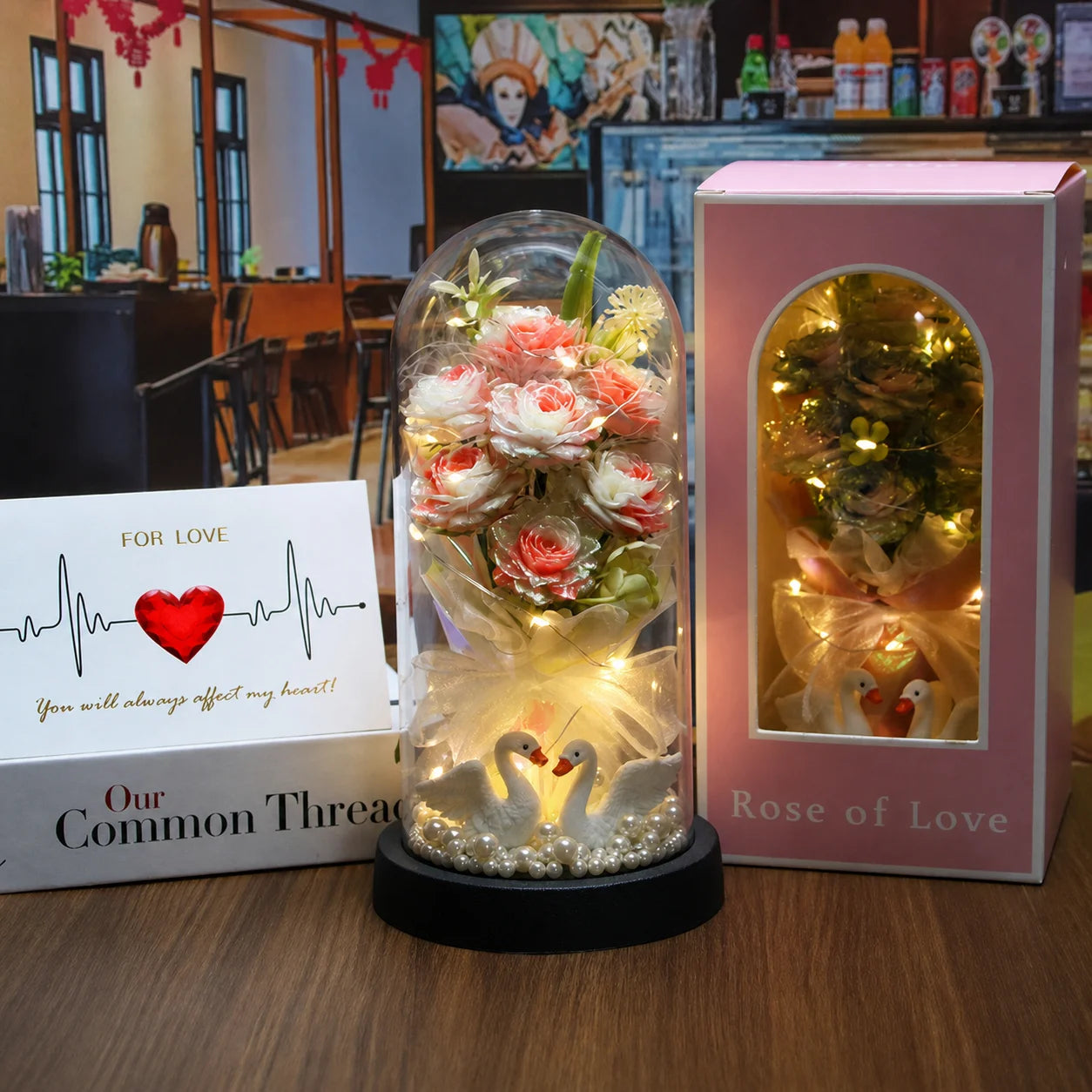 Glass Dome Ornament Handmade Decorative Flower Wreath Preserved Rose Bouquet Dust-Free Led Glowing Night Light For Valentine'S Oasis Select Gradient Pink White
