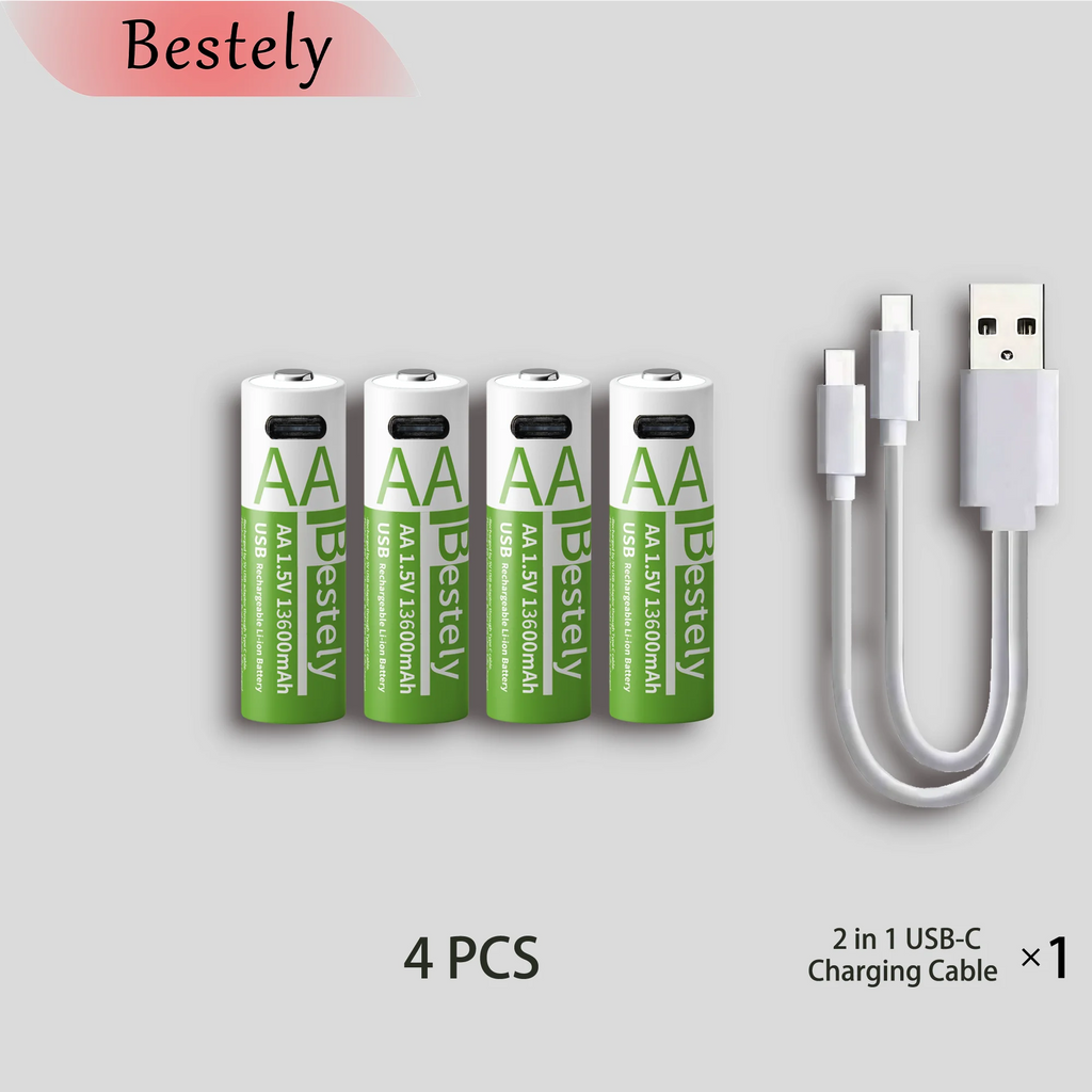 Bestely 1.5V 13600mAh USB AA Lithium ion Rechargeable Battery, Fast Charging Li-ion Akku , 2000 Cycle with USB- C Port Cables Oasis Select 4 pcs batteries