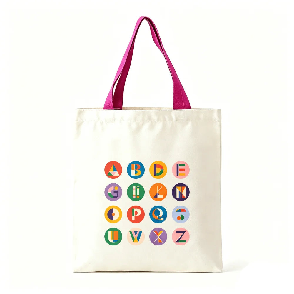 Vibrant Geometric Alphabet Canvas Tote Bag Large Cotton Shoulder Bag Student Travel Shopping Handbag Color Handle Oasis Select Magenta