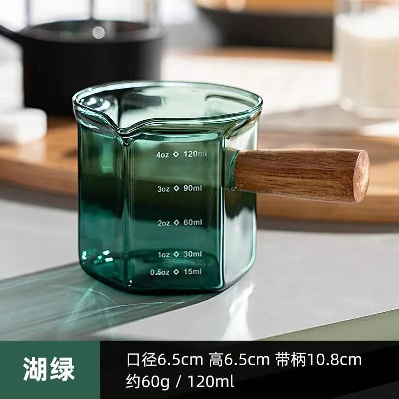120ml Hexagon Wood Handle Glass Espresso Measuring Cup Milk Latte Jug Coffee Supplies Kitchen Mug Drinkware Double Bottom Oasis Select Green single 120ml