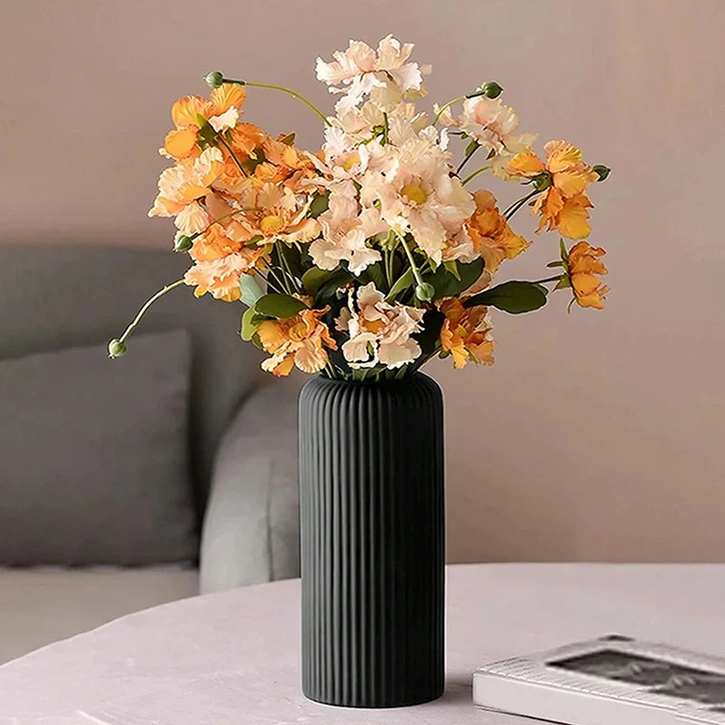 1pc Chic Striped Ceramic-Look Plastic Vase for Flowers - Durable, Easy-to-Place Decorative Floral Display Piece Oasis Select