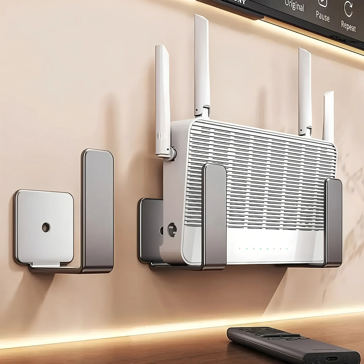 Wall Mounted WiFi Router Shelf No Drill TV Box Stand Power Strip Organizer Modem Bracket Storage Rack with Hooks for Home Oasis Select