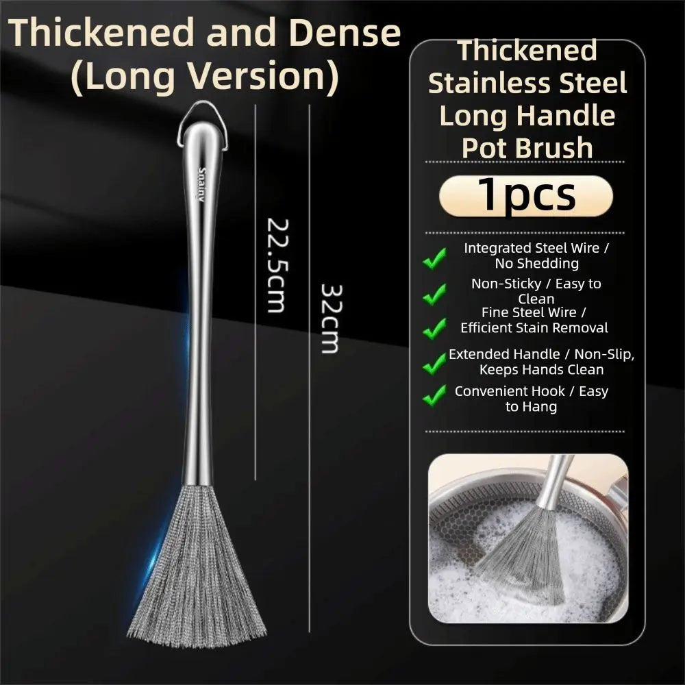 Stainless Steel Kitchen Cleaning Brush Long Handle Anti-Rust Dish Washing Brush One-piece Molded Steel Wire Pot Cleaning Tool Oasis Select