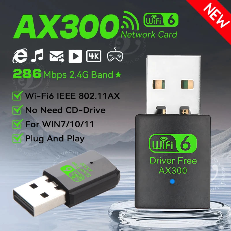 Mini USB WiFi Wireless Adapter WIFI6 AX300 802.11AX Network Card 2.4GHz Dongle Receiver 286M For PC/Laptop Win7/10/11 Drive Free Oasis Select