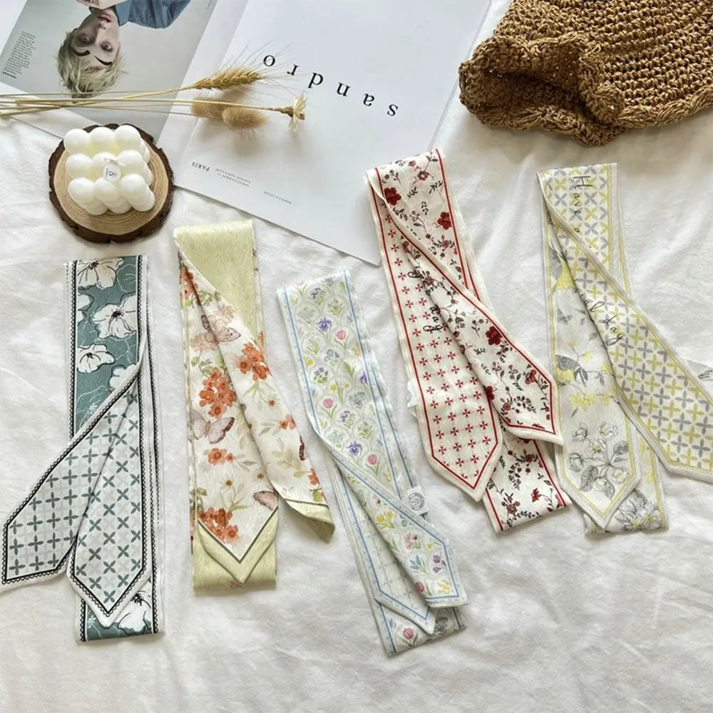 Summer Versatile Satin Silk Ribbon Scarf Fresh Floral Long Thin Bag Strap Narrow Fashion Accessory for Women Oasis Select
