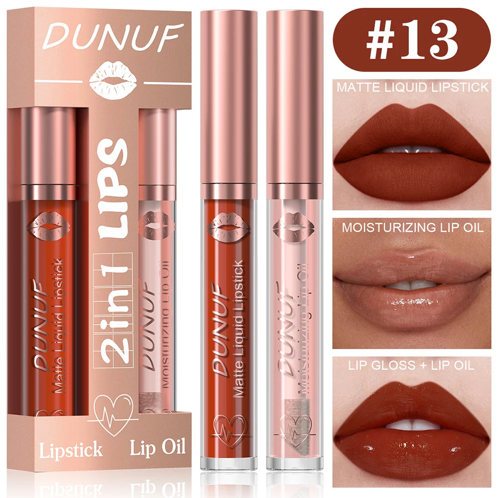 DUNUF Lip Gloss And Lip Oil Set 2-Piece Long-Lasting Waterproof Matte Moisturizing Non-Fading Lipstick Collection Oasis Select 13