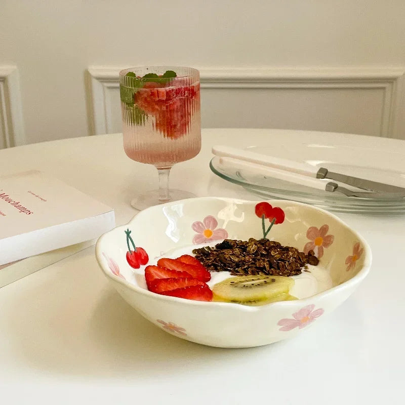 1PCS Ceramic Salad Bowl Hand Pinched Irregular Ins Korean Style Cream Yellow Yogurt Bowl Oatmeal Breakfast Plates Flower Bowl Oasis Select