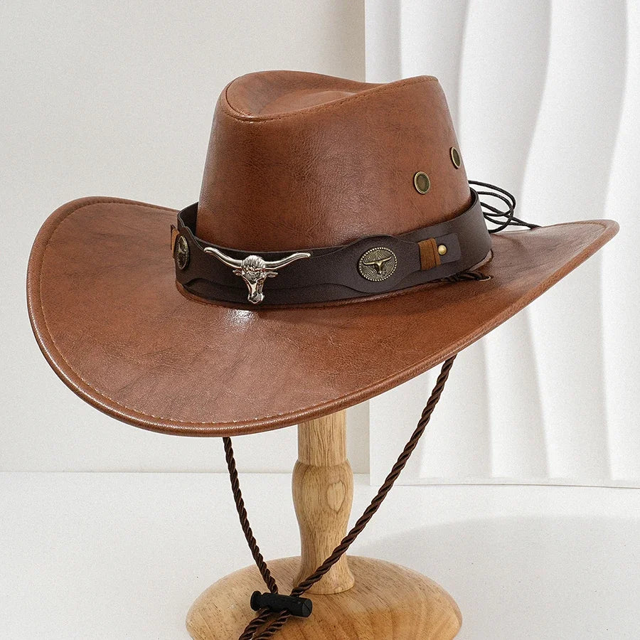 Unisex Vintage Faux Leather Western Cowboy Hat Outdoor Gentleman Cowgirl Jazz Cap Sombrero Hombre Cowboy Hat Oasis Select
