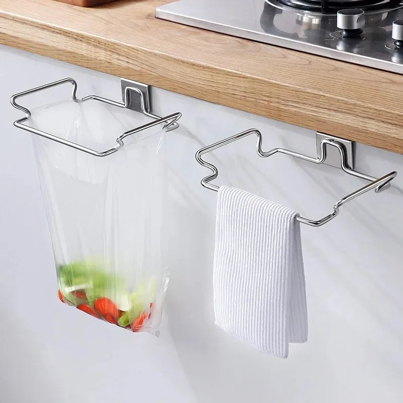 Stainless Steel Kitchen Non Perforated Garbage Rack With Hanging Bracket Cabinet Door With Cloth And Garbage Bag Storage Rack Oasis Select