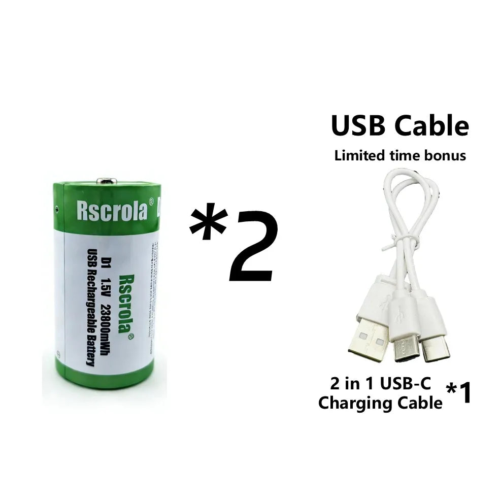 1.5V 23800mWh D Cell Batteries Rechargeable D Batteries with Charger Cable for Gas Cooker Water Heater Flashlight Radio Tool Toy Oasis Select 2P D1 Battery 1.5V