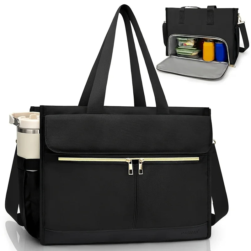 Women Oxford Cloth Insulated Lunch Bag 15.6" Laptop Tote Bag with 40oz Side Pocket for Nurse Teacher Outdoor Oasis Select Black