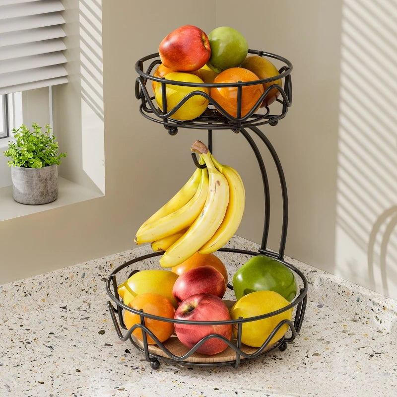 Wrought iron fruit basket wooden bottom snack storage fruit plate banana hook round removable fruit and vegetable storage basket Oasis Select