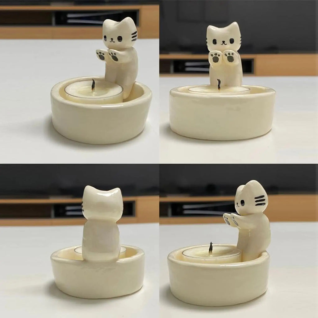 Cat Candle Holder Cute Cartoon Tealight Tray Funny Wax Melter for Living Room Bedroom Desk Fireplace Home Decor Centerpiece Oasis Select