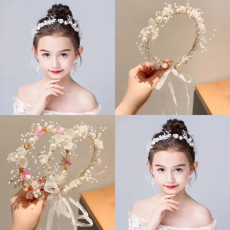 1pcs Children's Headband Sweet European Fairy Style Golden Leaf Headband Flower Wreath Pearl Headband New Crown Oasis Select