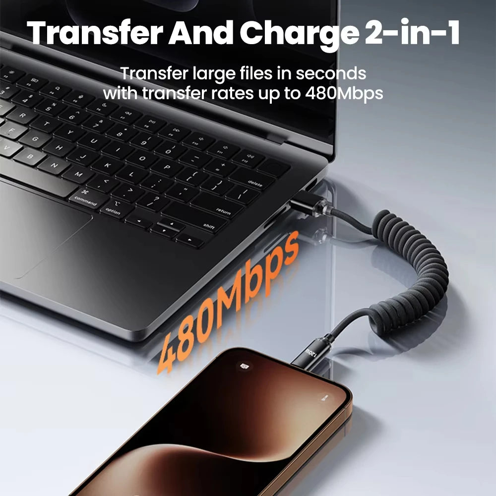 120W Spring USB Type C Cable Fast Charging For Huawei Xiaomi Mobile Phone Type C To USB C Cable For iPhone 15 16 Samsung Cable Oasis Select