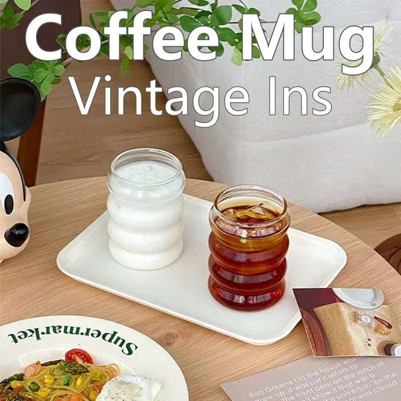 300ML Coffee Mug Creative Glass Cups Vintage Ins Style Heat-Resistant Ripple Drinking Glasses for Juice Glassware Wine Cups Oasis Select