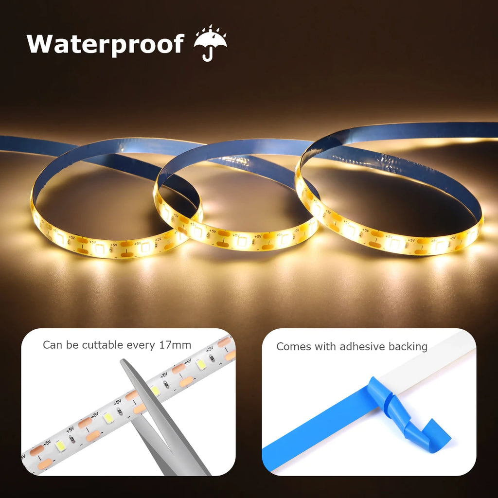 5V USB Smart PIR Motion Sensor LED Strip Light Auto ON/OFF 60leds/M Waterproof for Kitchen,Stair,Corrdior,Bedroom Night Lighting Oasis Select