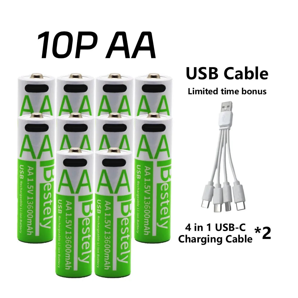 Rechargeable AA Battery13600mAh, 1.5V AA Li-ion Batteries with USB Type C Charging Cables, Long Life, Low Self-discharge Oasis Select 10P AA