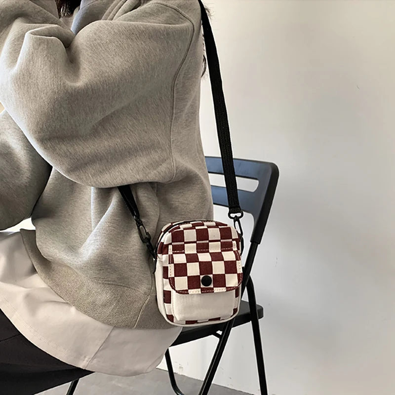 Men Sports Messenger Bag Adjustable Strap Daily Commute Travel Essential Mini Checkered Square Design With Front Fashion Pocket Oasis Select