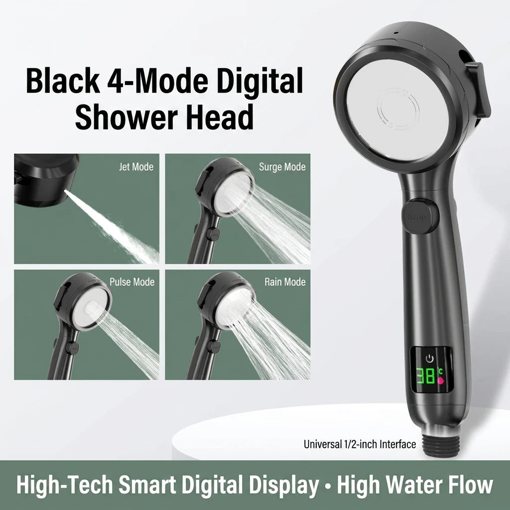 High Pressure Handheld Shower Sprayer 4 Modes Water-Saving Design LED Digital Temp Display for Bathroom Oasis Select