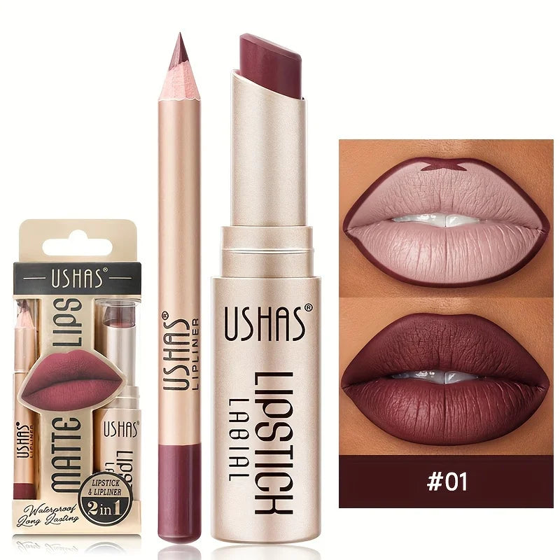 USHAS 12-Color Matte Lipstick & Lip Liner Set – Waterproof