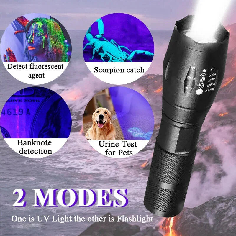 UV Flashlight Purple White Dual Light 395nm Ultraviolet Torch Zoom Flashlight Detection Lighting Lamp for Pet Stains Hunting Oasis Select