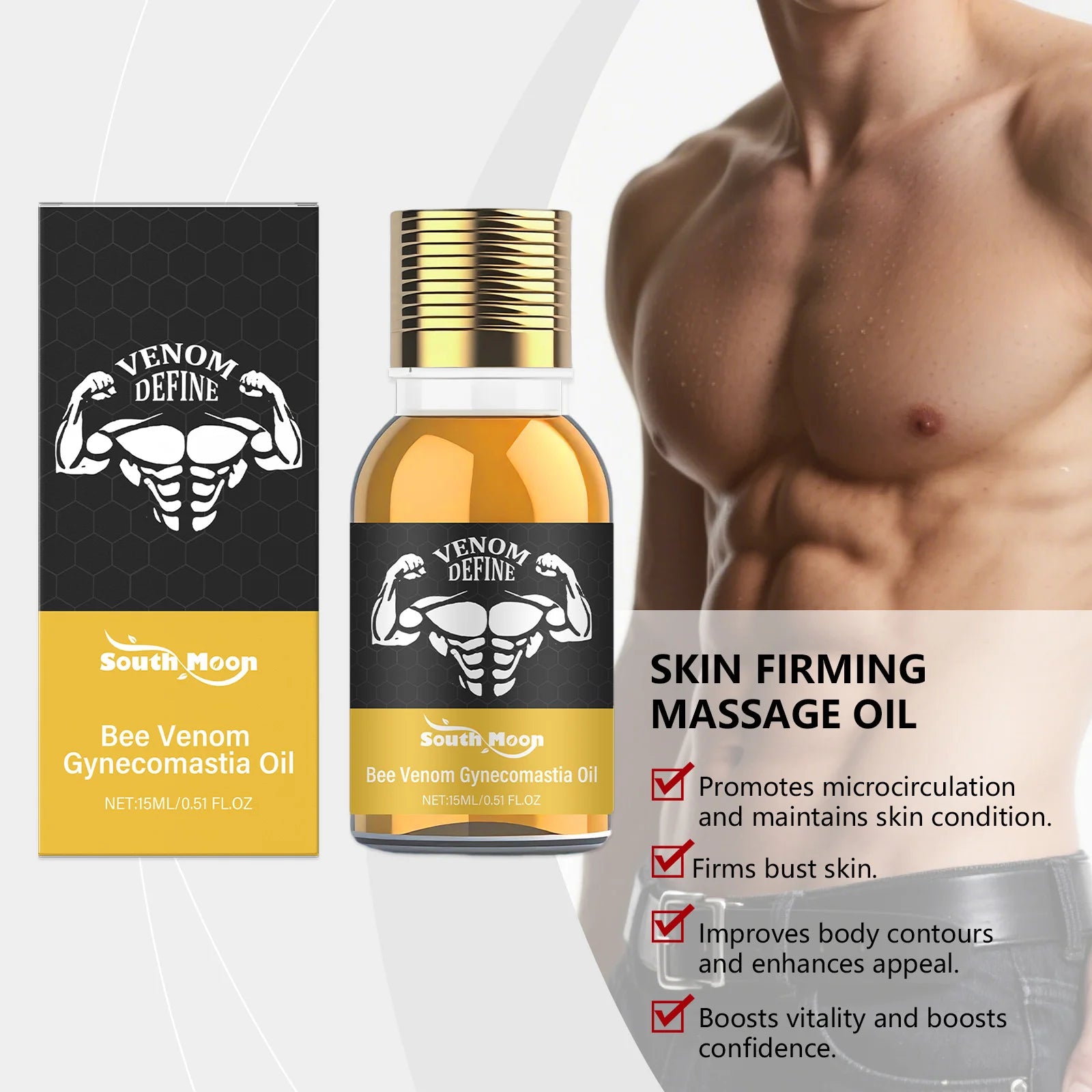 Men's Bee Venom Gynecomastia Oil Chest Firming Sculpting Cooling & Non-Greasy Chest Shaping Massage Oil for Men Skin Care Oasis Select