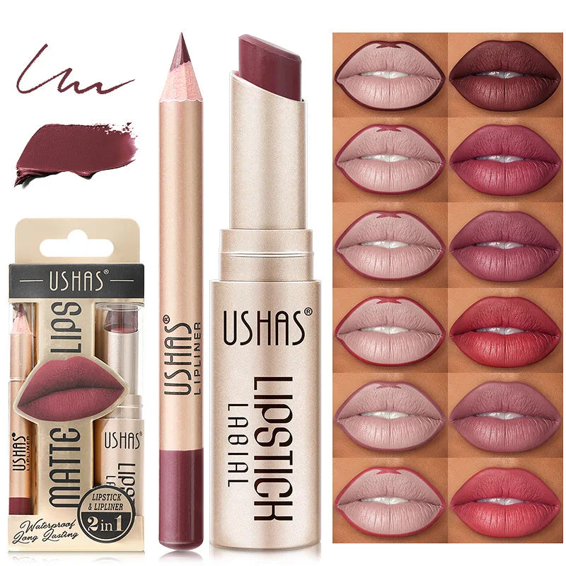 USHAS 12-Color Matte Lipstick & Lip Liner Set – Long-Lasting