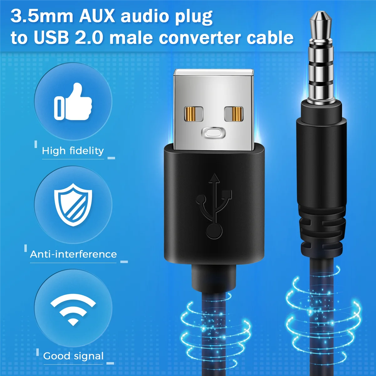 3.5mm Plug AUX Audio Jack to USB 2.0 Male Charger Cable Adapter Cord for Car MP3 Oasis Select