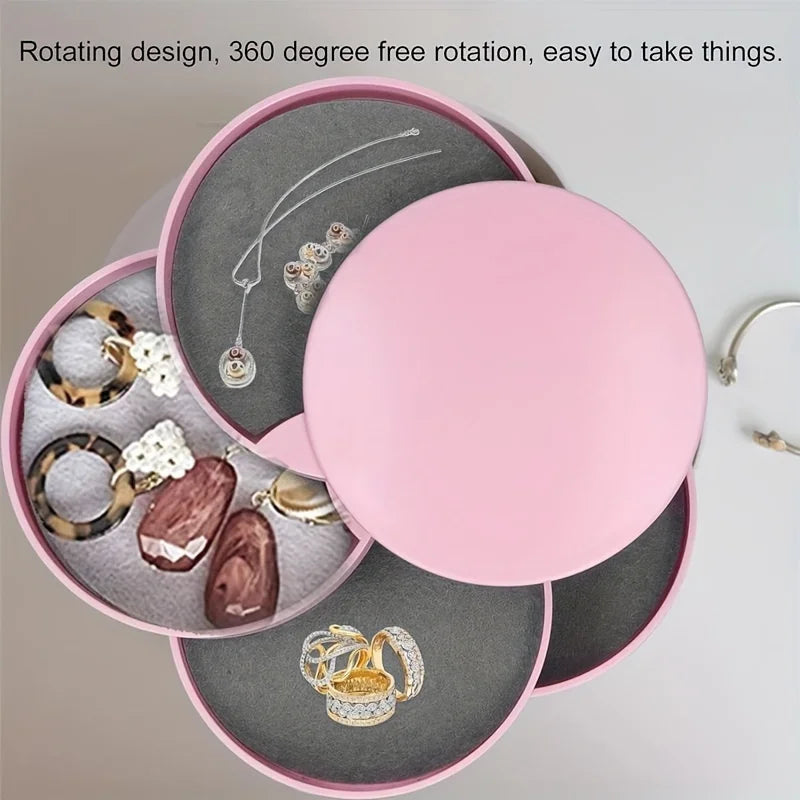 4 Layers Rotating Jewellery Storage Box Women Necklace Desk Organizer Earring Holder Travel with Lid for Ring Bracelet Storage Oasis Select