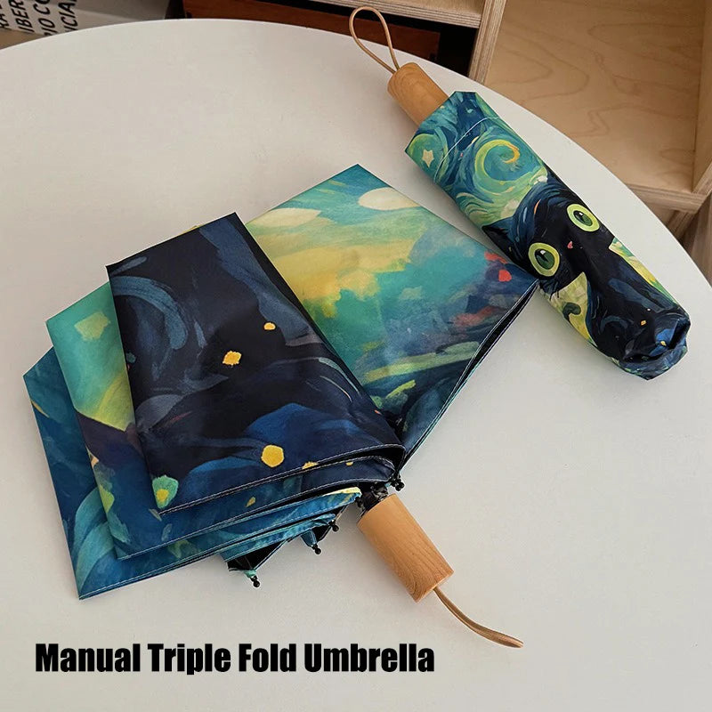 Cartoon Cat Green Folding Umbrella Professional Sun Protection And UV Protection Umbrella Dual use of Rain and Sunny Automatic Oasis Select hand movement 8K iron